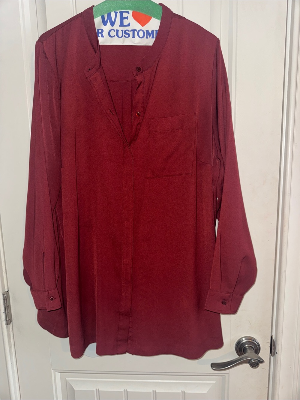 Collarless Burgundy Long-Sleeve Button Shirt